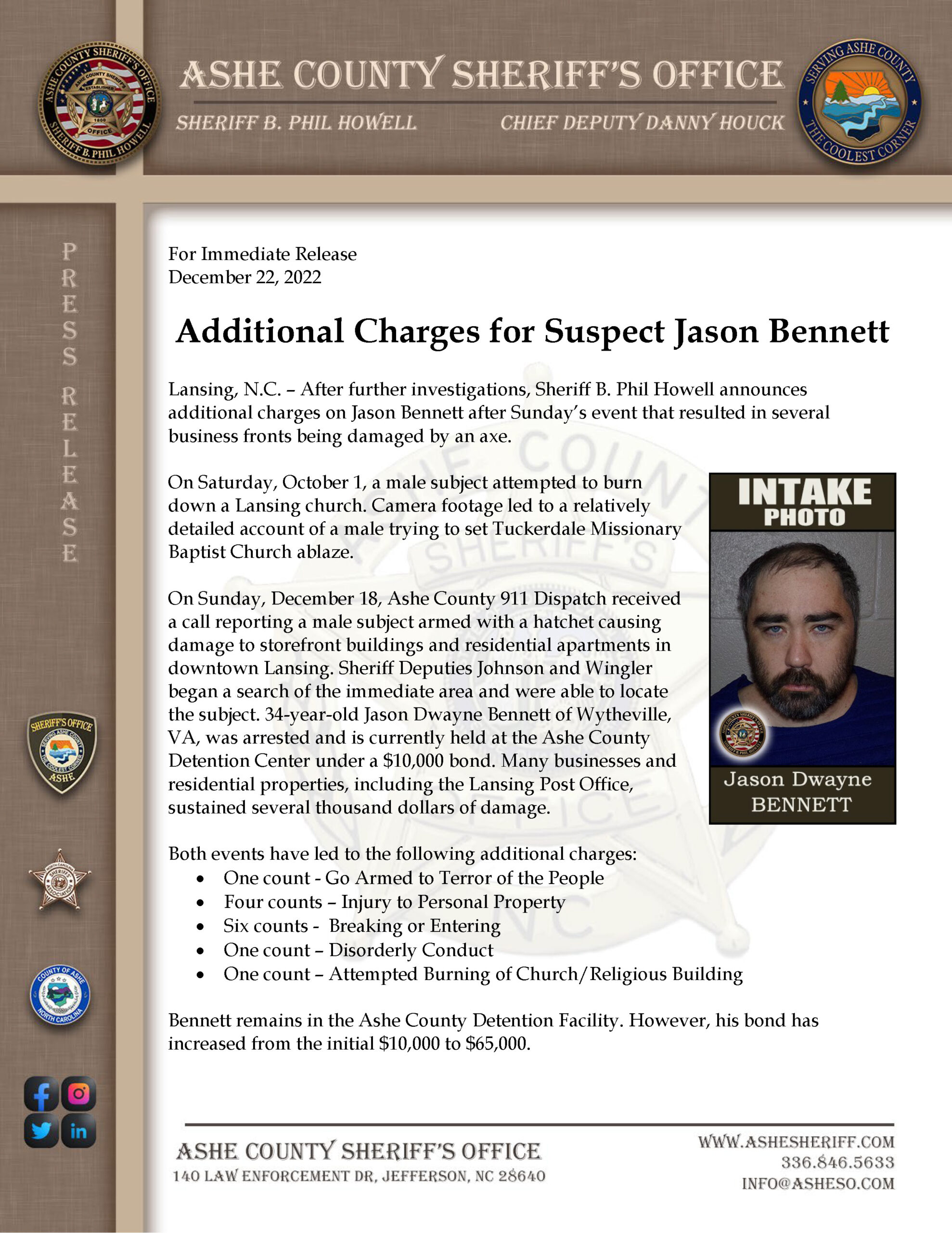 Additional Charges for Suspect Jason Bennett – Ashe County Sheriff's Office